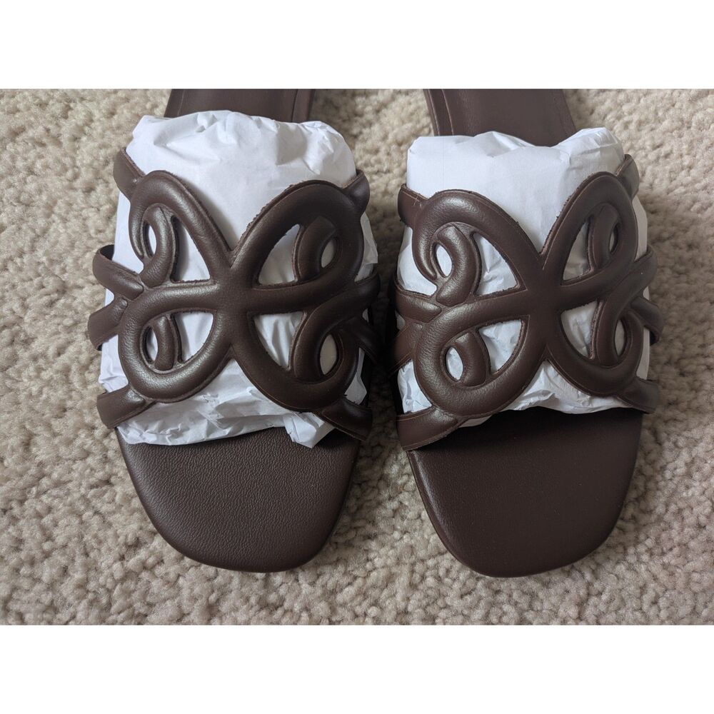 NIB Maeve Anthropologie Logo Dark Brown Leather Slide Sandals Sz 9 - Picture 5 of 10